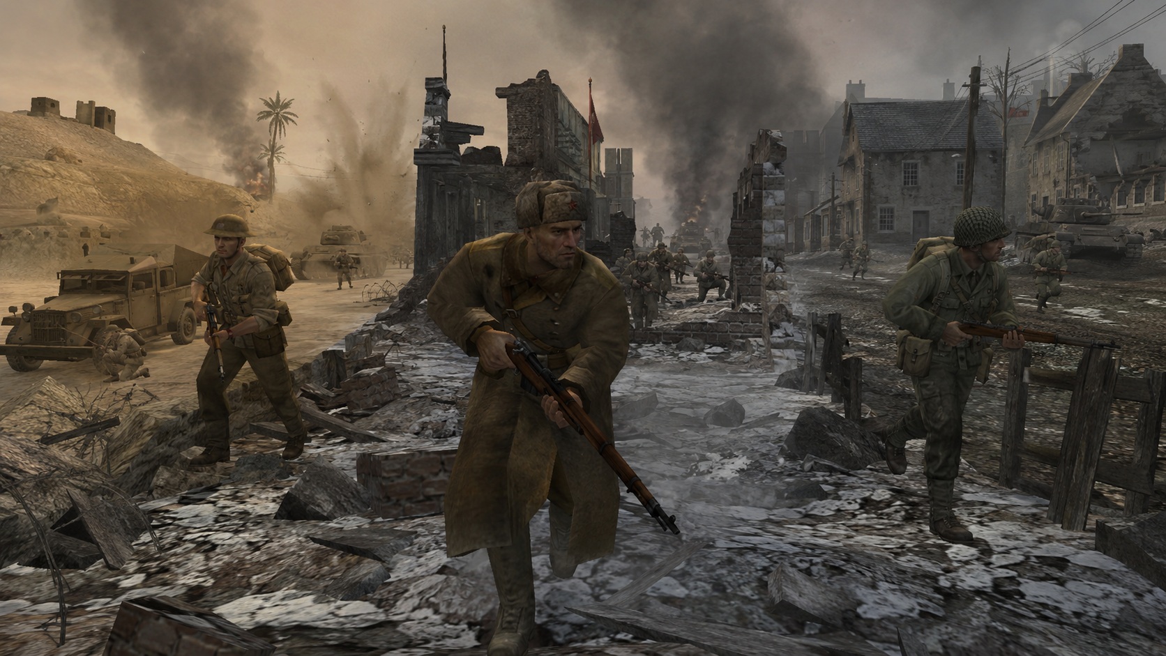 Ilustrační scéna sovětských, britských a amerických vojáků na bojištích druhé světové války, inspirovaná hrou Call of Duty Finest Hour pro PlayStation 2.