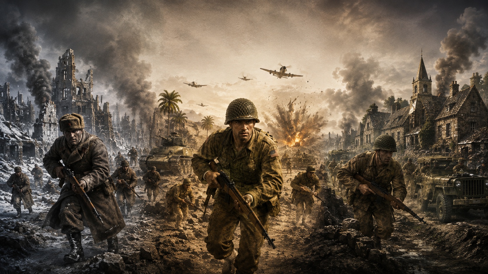 Tři propojená bojiště inspirovaná hrami Call of Duty Finest Hour, Call of Duty 2 Big Red One a Call of Duty 3 v kolekci Call of Duty Trilogy pro PlayStation 2.