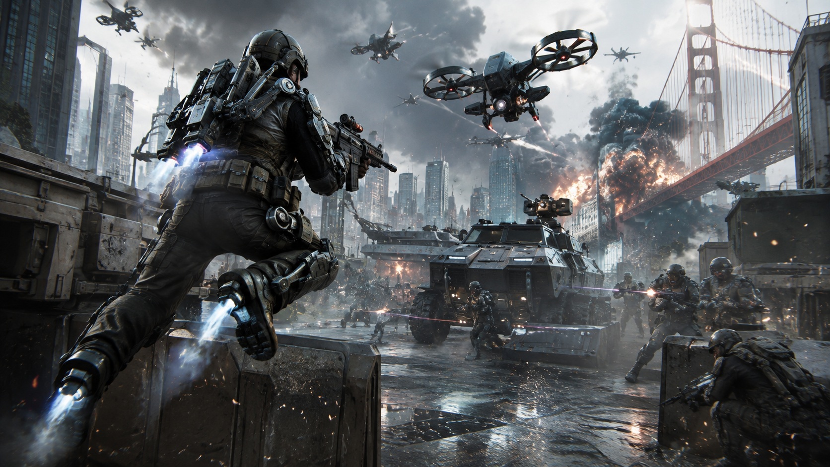 Futuristický voják s exoskeletonem ve scéně inspirované hrou Call of Duty Advanced Warfare Day Zero Edition pro PlayStation 3.