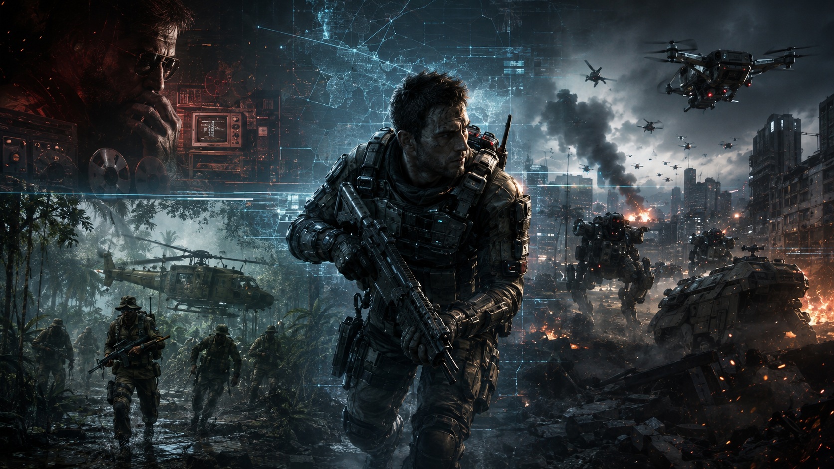 Voják během futuristické operace s drony a robotickou technikou ve scéně inspirované hrou Call of Duty Black Ops II pro PlayStation 3.