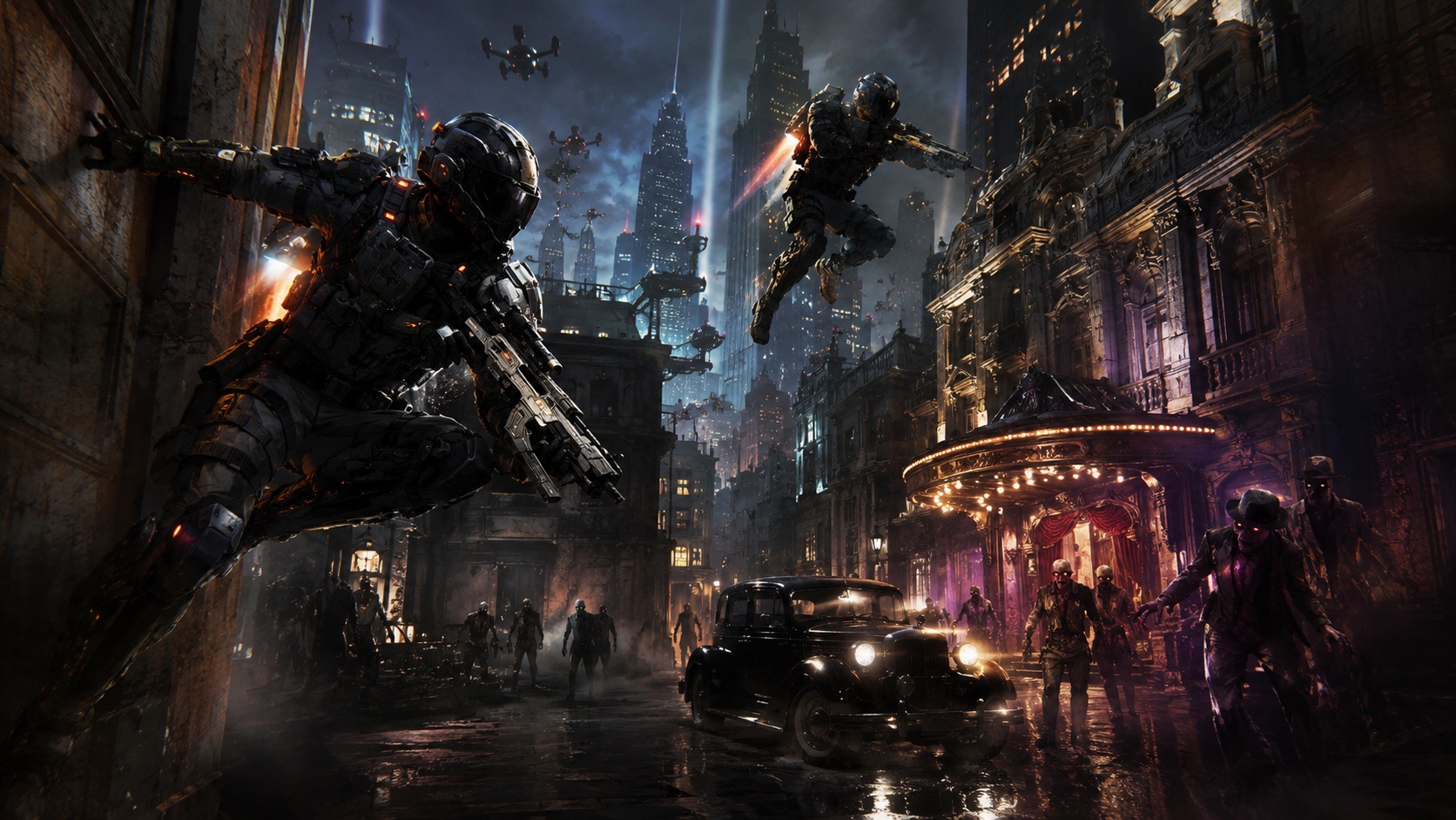 Futuristický Specialist a temná zombie ulice ve scéně inspirované hrou Call of Duty Black Ops III pro PlayStation 3.