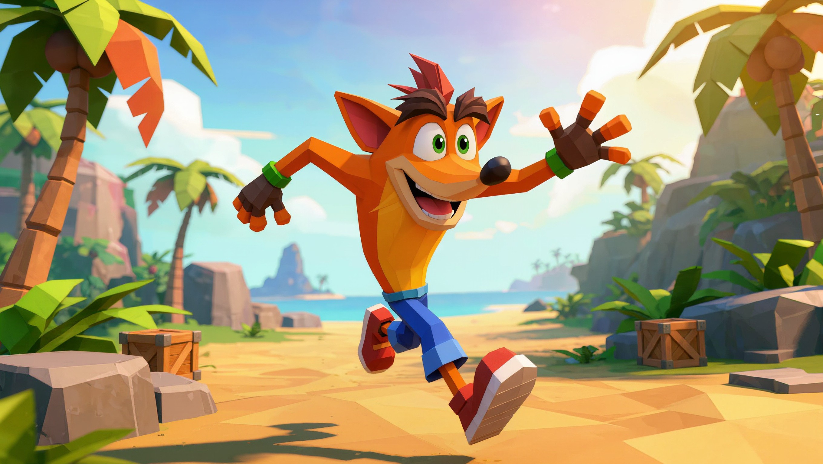 Crash Bandicoot pre PlayStation 1 - ilustračná scéna v retro PS1 štýle s tropickým ostrovom