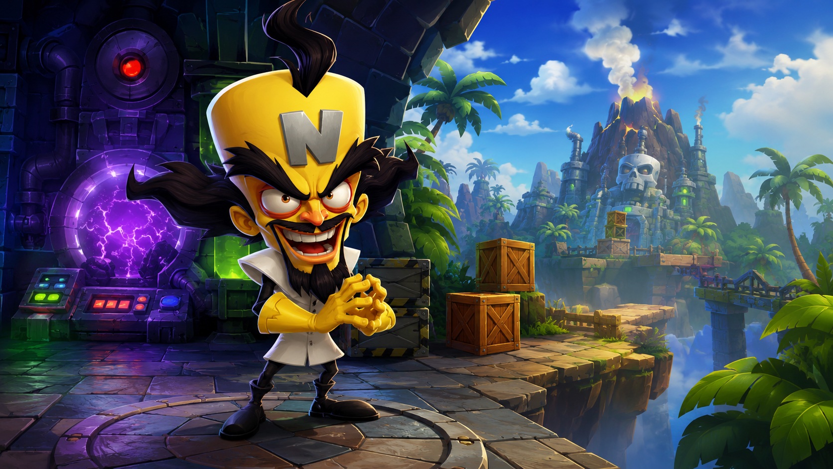 Crash Bandicoot 2: Cortex Strikes Back pro PlayStation 1 - ilustrační scéna s doktorem Cortexem, laboratoří a tropickým ostrovem