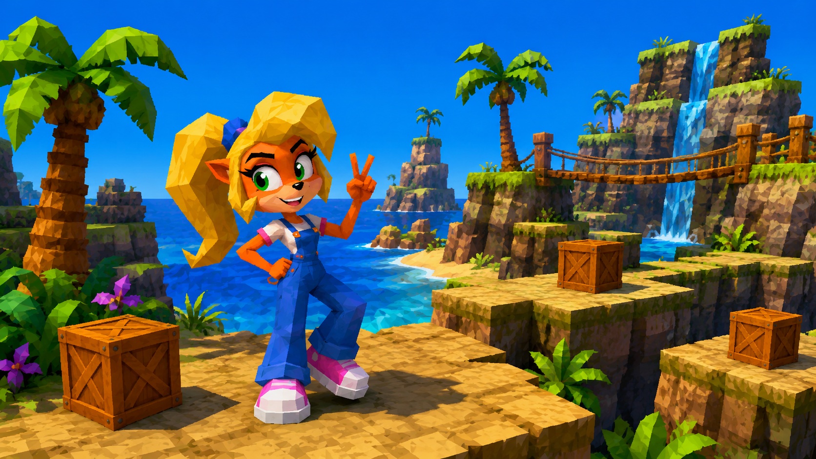 Ilustrační low poly obrázek Coco Bandicoot v tropickém prostředí inspirovaném hrou Crash Bandicoot 3 Warped pro PlayStation 1