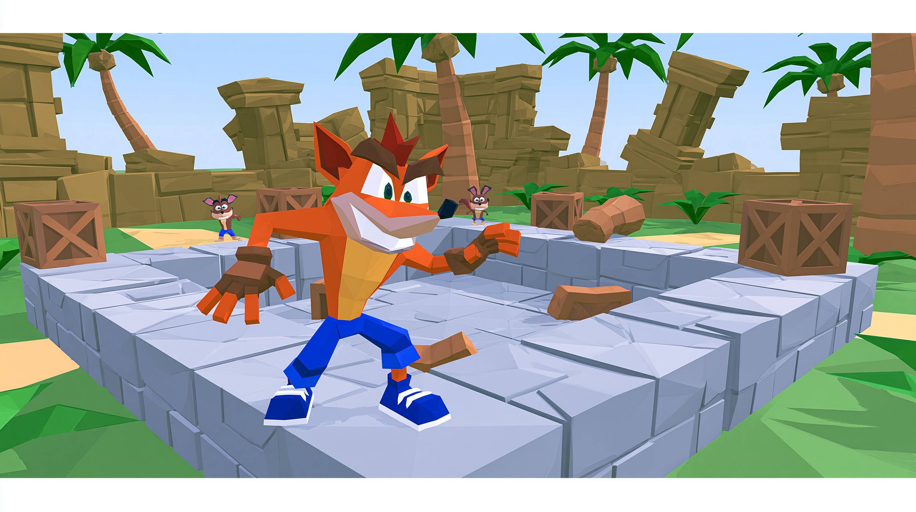 Ilustrační low poly obrázek inspirovaný párty arénami ve hře Crash Bash pro PlayStation 1