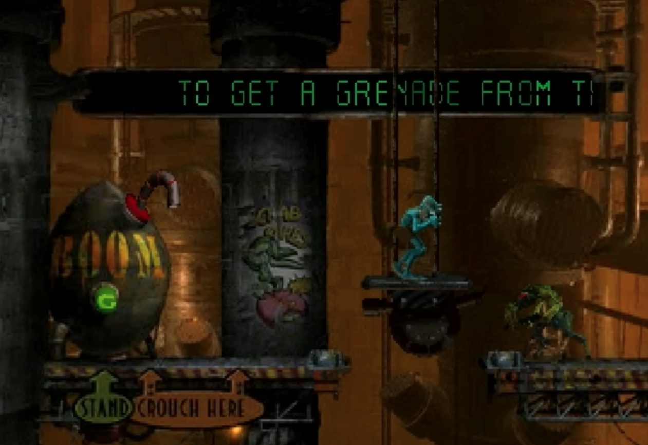 Oddworld Abe's Oddysee pro PlayStation 1 - Abe v průmyslovém RuptureFarms při záchraně Mudokonů
