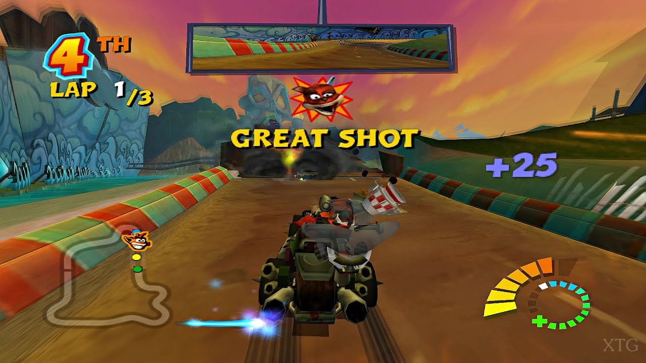 Ilustračný obrázok k časti o Crash Tag Team Racing pre PlayStation 2 s pretekársky-akčným štýlom hrania