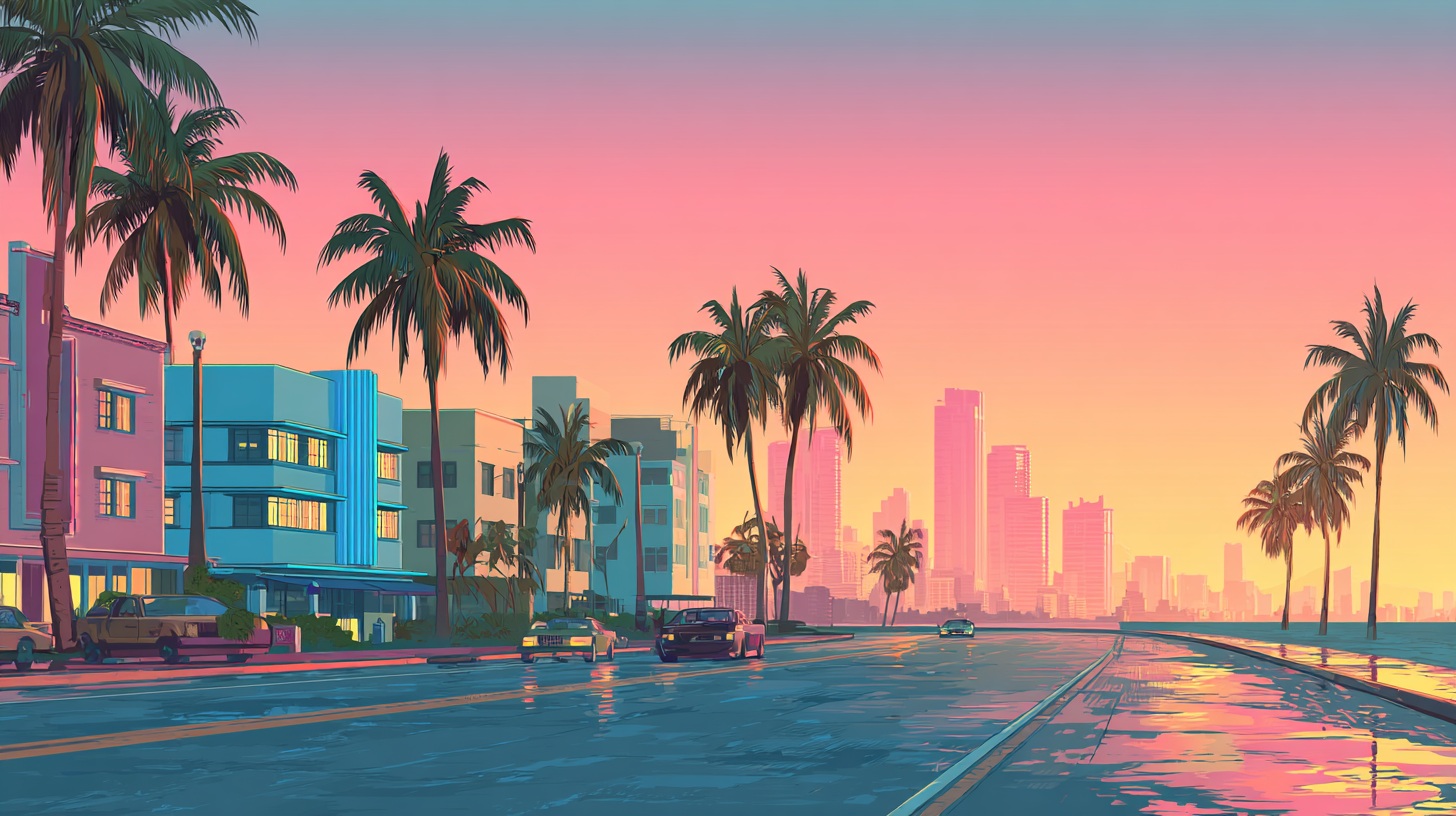 Ilustrační panorama Vice City inspirované hrou Grand Theft Auto Vice City Stories pro PlayStation 2