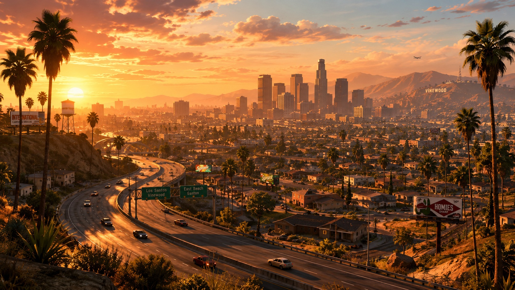 Ilustračná panoráma Los Santos inšpirovaná hrou GTA San Andreas