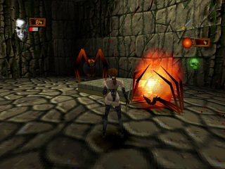 Red Lotus bojuje s pavouky v Deathtrap Dungeon na PlayStation 1