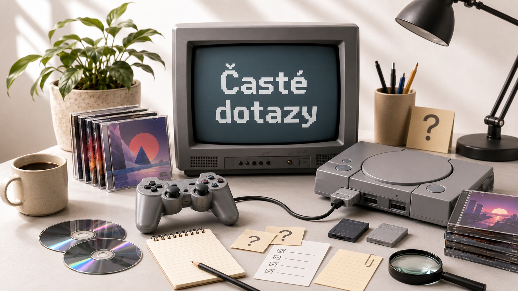 Retro herní stůl s CRT monitorem a nápisem Časté dotazy pro poradenskou rubriku PSko.cz.