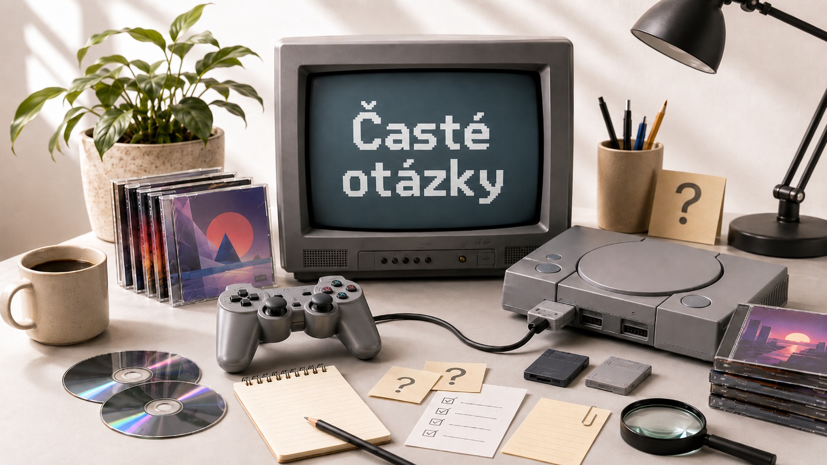 Retro herný stôl s CRT monitorom a nápisom Časté otázky pre poradenskú rubriku PSko.cz.