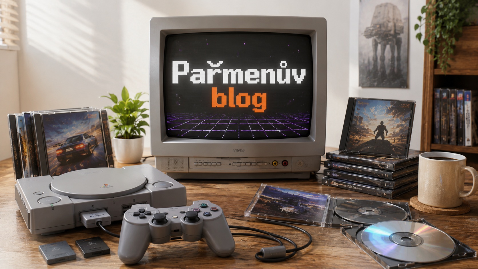 Úvodní obrázek Pařmenova blogu s retro PlayStation atmosférou, CRT monitorem, ovladačem, herními disky a krabičkami.