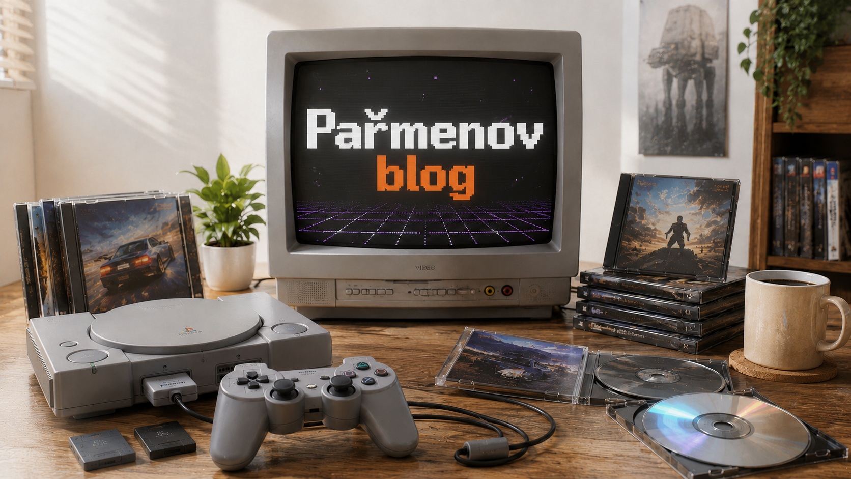 Úvodný obrázok Pařmenovho blogu s retro PlayStation atmosférou, CRT monitorom, ovládačom, hernými diskami a krabičkami.