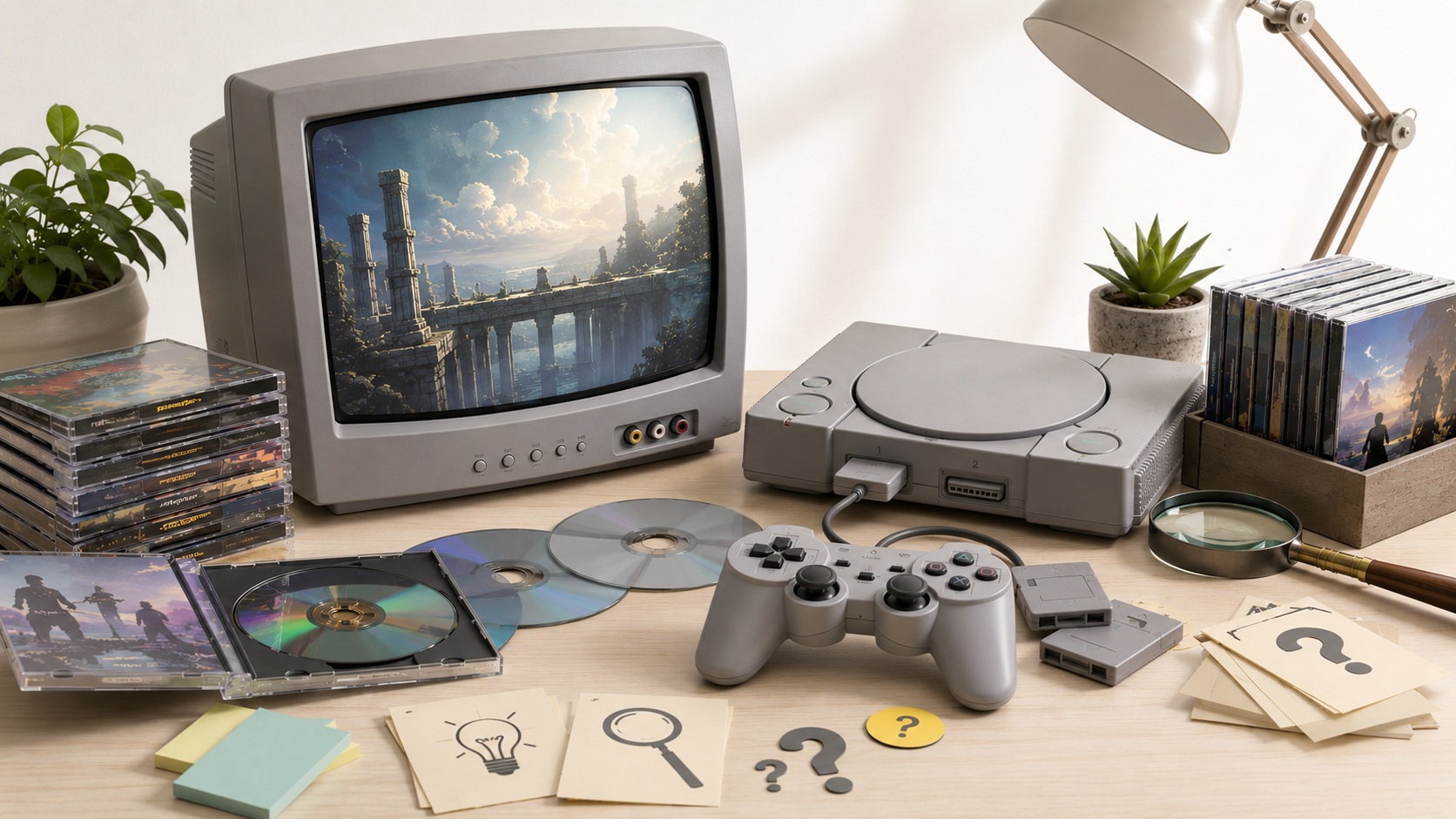 Úvodný obrázok k retro zaujímavostiam s PlayStation atmosférou, CRT monitorom, ovládačom, hernými diskami, lupou a otáznikmi.