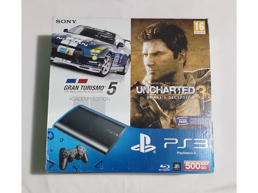 PlayStation 3 a originální krabice, 500GB, Uncharted + Gran Turismo edition + hry