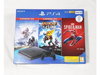 PlayStation 4 a originálne krabice, 500GB + hry Horizon Zero Dawn, Ratchet & Clank a Spider Man