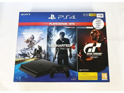 Playstation 4 a originální krabice, 1TB + hry Horizon Zero Dawn, Uncharted 4 a Gran Turismo Sport