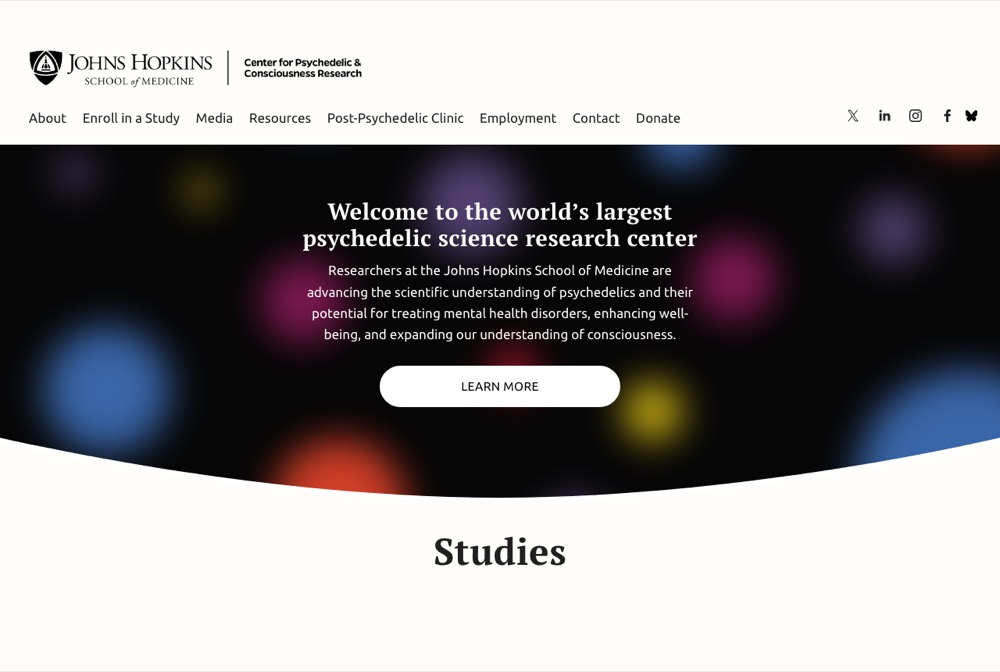 Náhled webu — Johns Hopkins — Center for Psychedelic and Consciousness Research