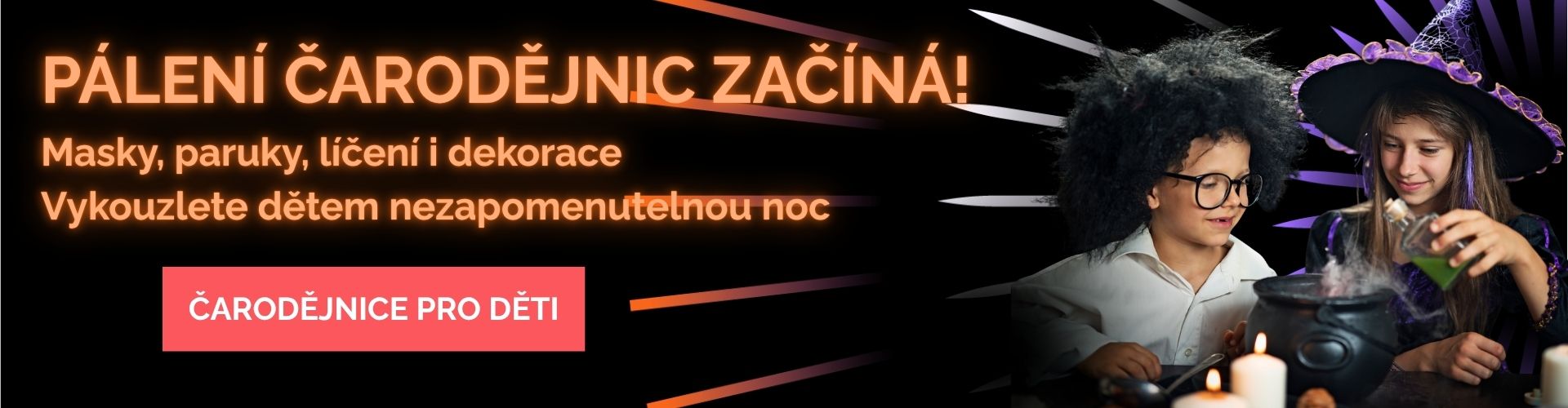 Čarodějnice pro děti, kostými, doplňky, paruky