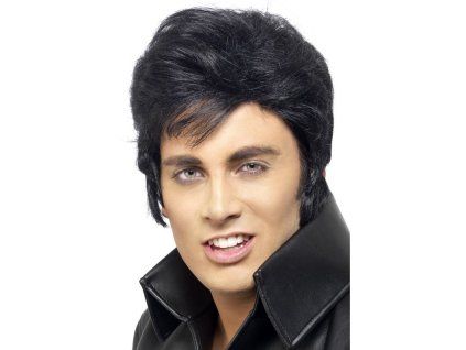 Černá paruka Elvis s patkou a kotletami