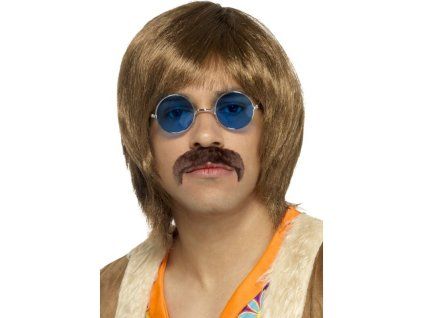 Hnědá hippie sada s parukou knírkem a brýlemi