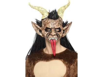 latexová maska Krampus s rohy a vlasy