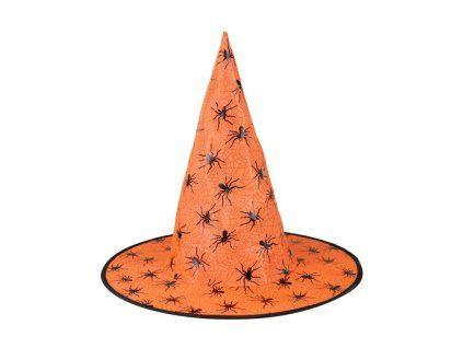 Dětský oranžový čarodějnický klobouk s pavouky