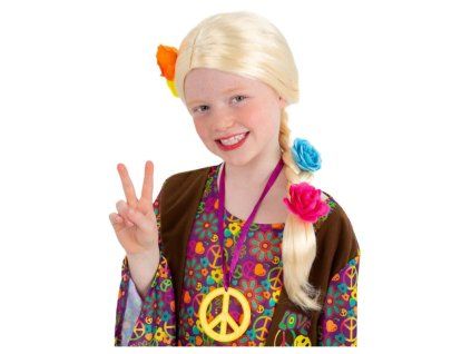 Dětská blond hippie paruka s copem a květy