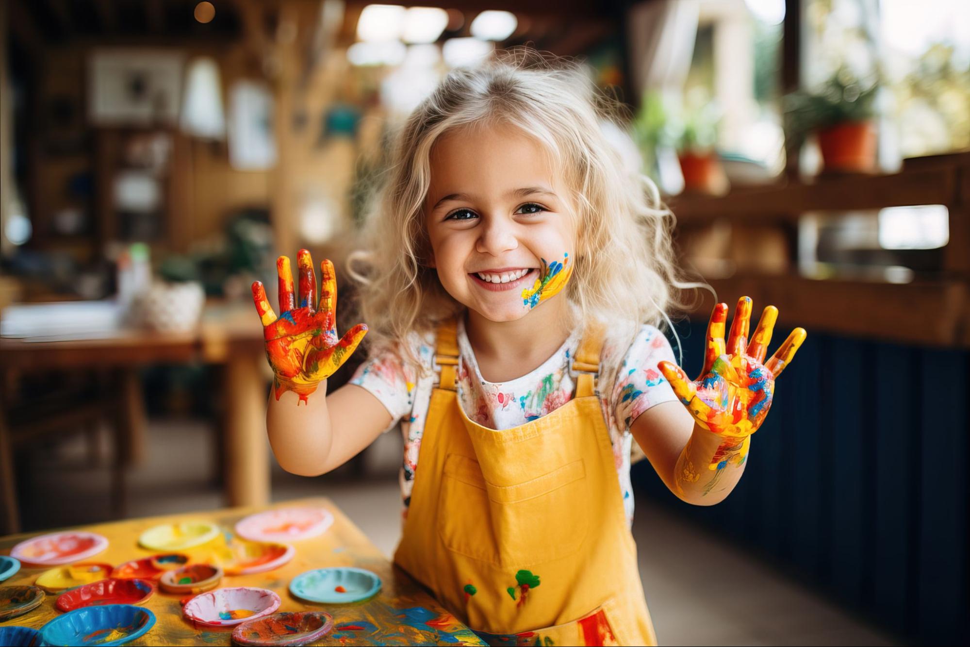 Kind, mit Acrylfarbe verschmutzt
