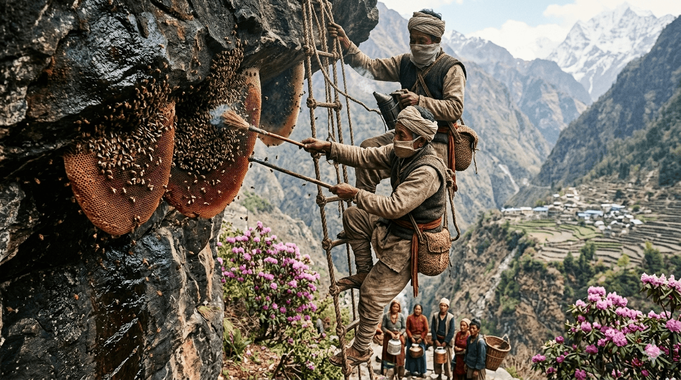 Lovci šíleného medu v Nepálu