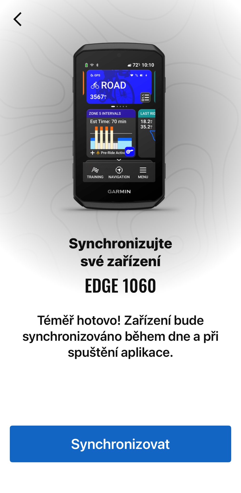 Synchronizace zařízení Garmin Edge 1060 v mobilní aplikaci