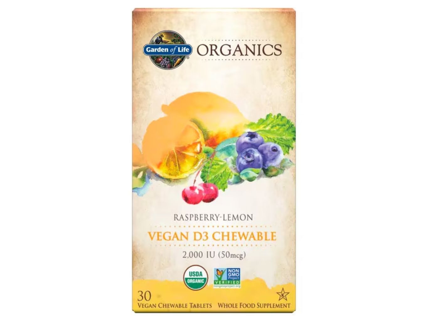 Organics Vegan D3 - malina a citrón, 30 žuvacích tabliet