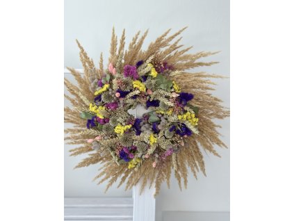 Letní věnec z trav a sušených květin 45cm