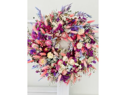 Trvanlivý věnec ze sušených květin - růžový 38cm