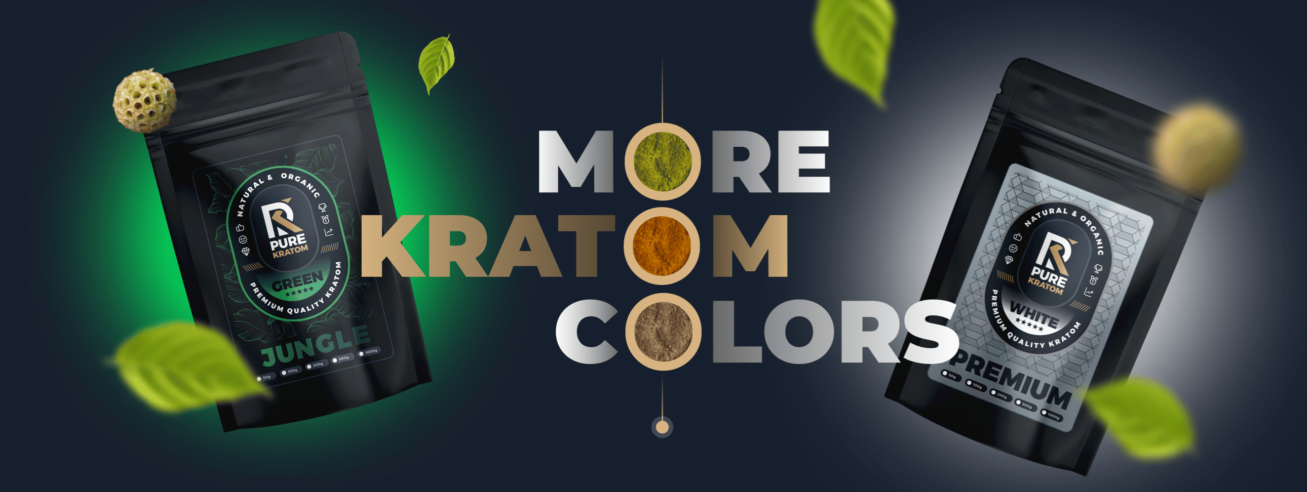 Bild von Kratom-Produkten, darunter Kratom Jungle und Kratom Premium in Doypack-Verpackungen, mit dem englischen Schriftzug „More Kratom Colors“ in der Mitte. Verschiedene Sorten und Farben von Kratom, präsentiert in einem deutschen Online-Shop.