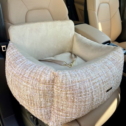 Luxusná Tweed autosedačka pre psíky – ružovo-béžová