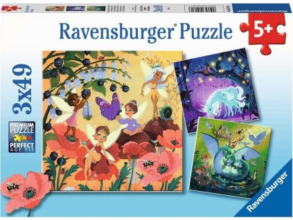 RAVENSBURGER Puzzle Víly, drak a jednorožec 3x49 dílků