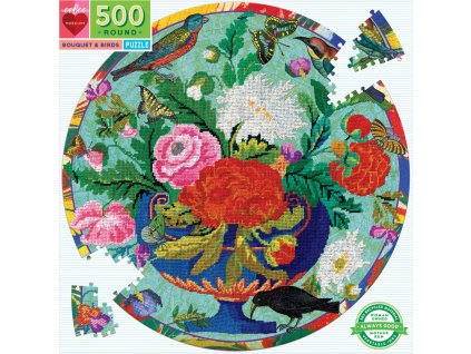 EEBOO Kulaté puzzle Květiny a ptáčci 500 dílků