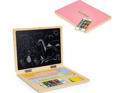 ECOTOYS Dřevěný notebook s magnetickým monitorem - růžový