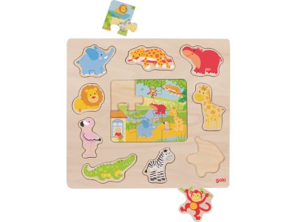 GOKI Dřevěná vkládačka + Puzzle Zvířátka ze ZOO