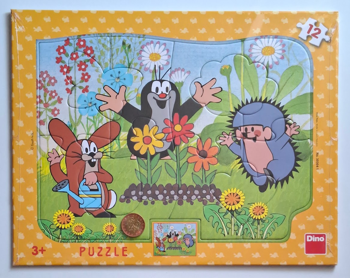 Zabalené deskové puzzle Dino s Krtečkem a kamarády 12 dílků srovnání s padesátikorunou