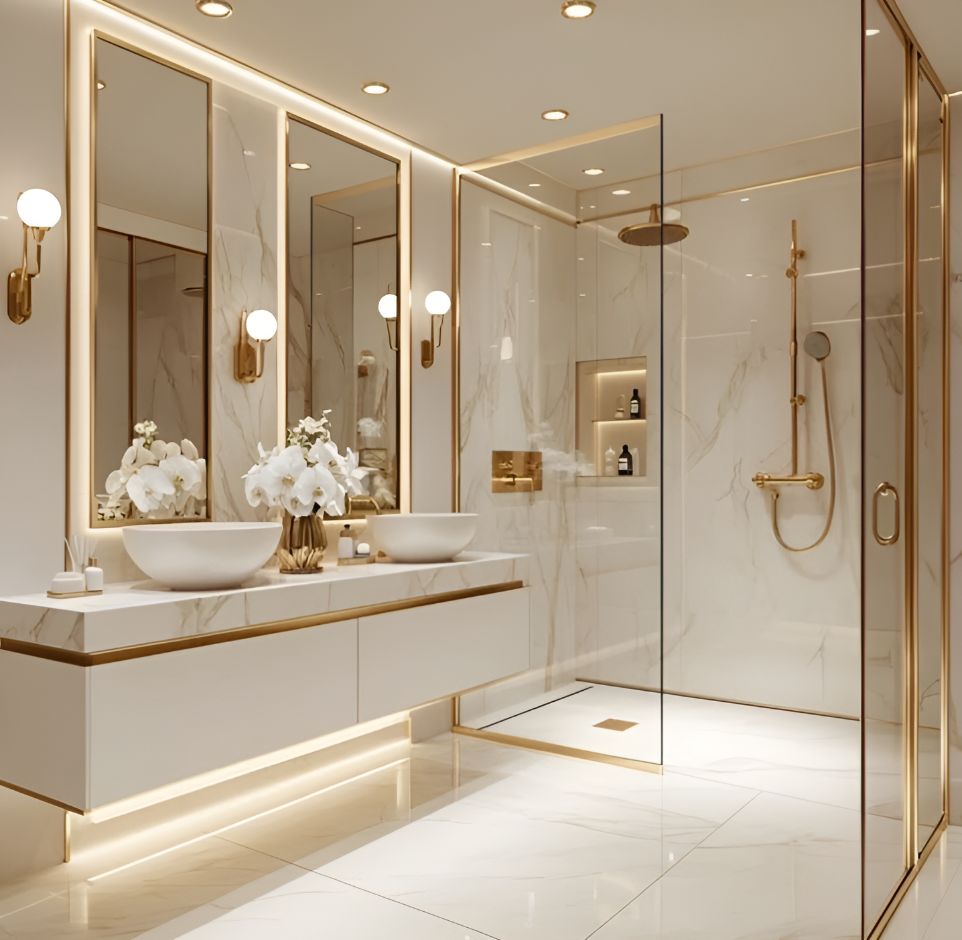 PVC panely s mramorovým efektem na stěně v moderním interiéru