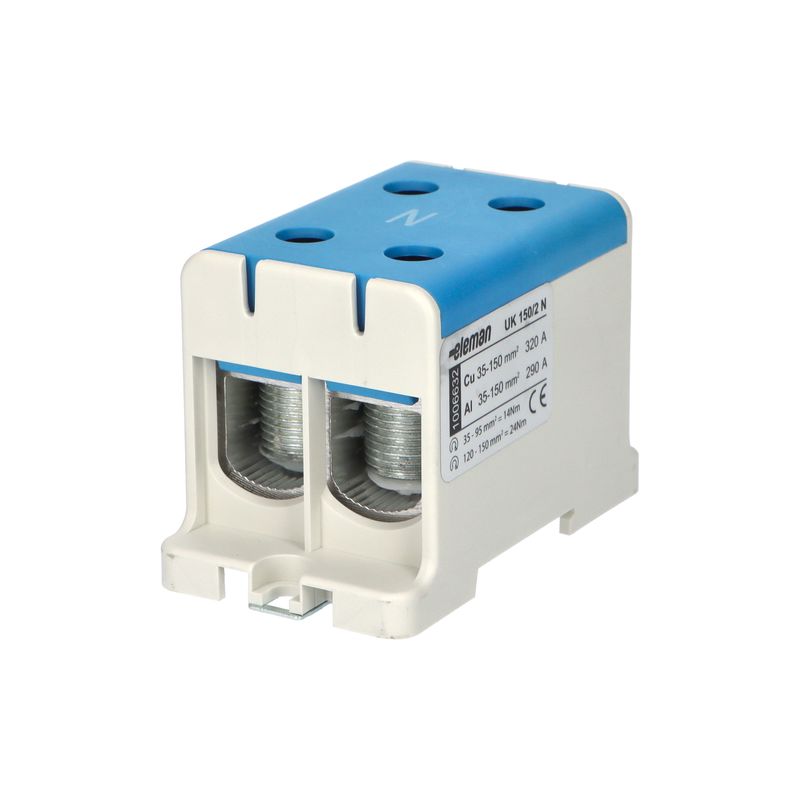 Svorka univerzálna dvojitá UK 150/2 N, 320A, 2x150mm2 1pól., AL/CU, krytá, modrá, na DIN a Montážnu dosku