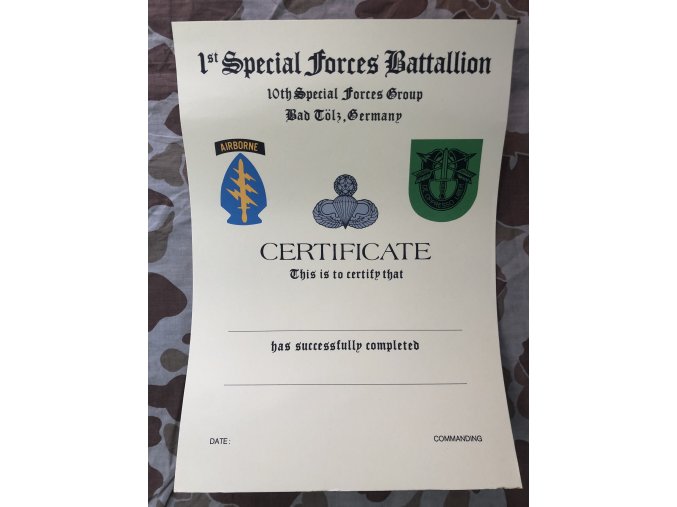Certifikát 1/10th Special Forces Group Bad Tolz
