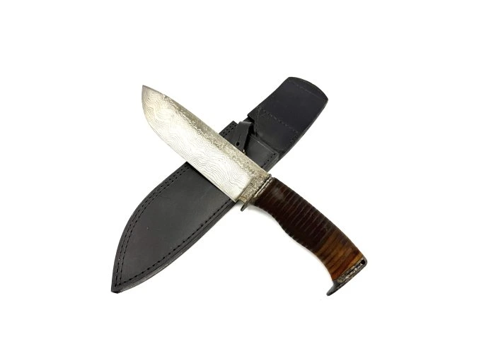 Hand-Forged Damascus Knife Bowie | Unique Historic Leather Belt Handle | Massive | #2