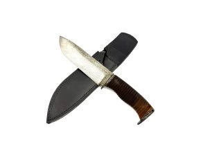 Hand-Forged Damascus Knife Bowie | Unique Historic Leather Belt Handle | Massive | #2