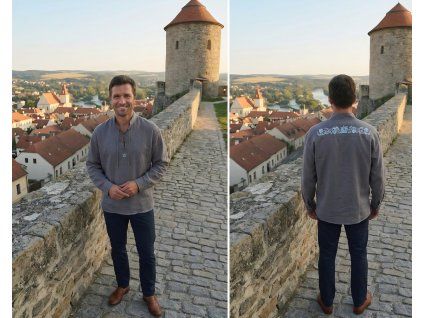 Pánská lněná košile s výšivkou šedá