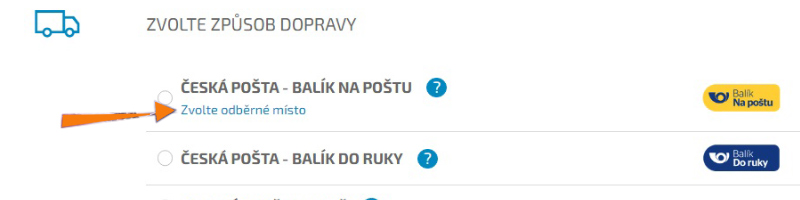 Výběr pobočky pro vyzvednutí zásilky.