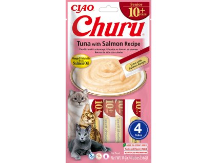 Churu Cat Senior masové pyré – tuňák, losos 4×14g
